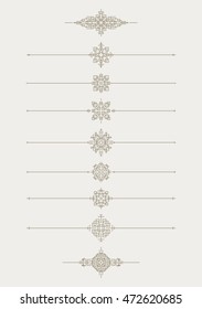 Set of 7 decorative vector mono line style text dividers with pair of bonus decorative elements.