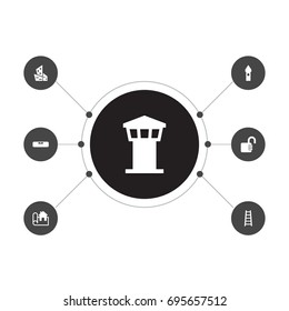 Set Of 7 Design Icons Set.Collection Of Air Traffic Controller, Open, Downtown And Other Elements.