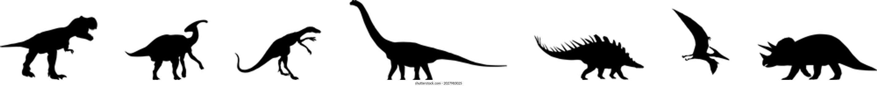 A set of 7 dinosaurs. Dinosaurs. Vector silhouette of different types of Jurassic dinosaurs. They are made in a black silhouette on a white background