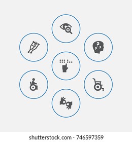 Set Of 7 Disabled Icons Set.Collection Of Lens, Stand, Brain With Question Elements.