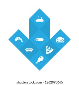 Set of 7 dish icons set. Collection of chicken leg, hotdog, shrimp and other elements.