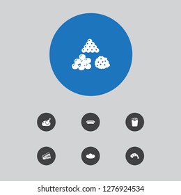 Set of 7 dish icons set. Collection of caviar, hotdog, shrimp and other elements.