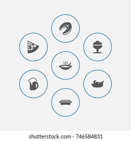 Set Of 7 Dish Icons Set.Collection Of Broth, Sorbet, Sausage And Other Elements.