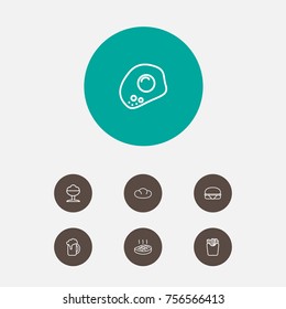 Set Of 7 Dish Outline Icons Set.Collection Of Steak, Bread, Beer And Other Elements.