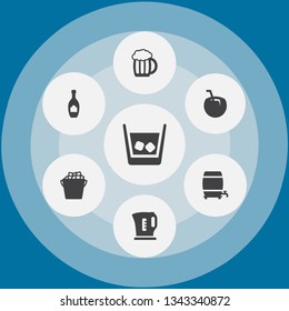 Set of 7 drinks icons set. Collection of champagne, beer, wine barrel and other elements.