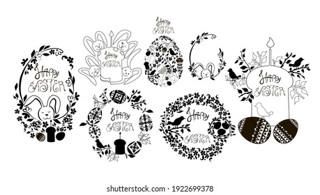 Set of 7 Easter cards in black in cartoon and doodle style, and lettering - Happy Easter. Drawn, Easter cakes, eggs, birds, bunnies, twigs and flowers. Stock vector illustration isolated on white 