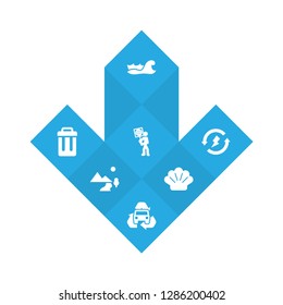 Set of 7 ecology icons set. Collection of trash bin, waves water, air and other elements.