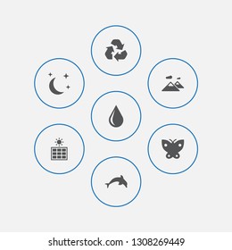 Set of 7 ecology icons set. Collection of sun power, recycle, water drop and other elements.