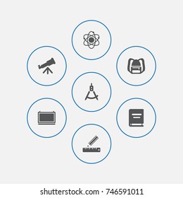 Set Of 7 Education Icons Set.Collection Of Molecule, Binoculars, Blackboard And Other Elements.