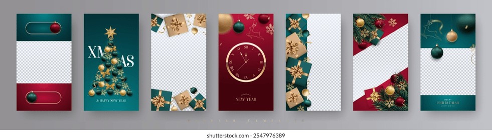 Set of 7 Elegant festive stories template with Christmas decor and greetings