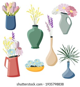 un conjunto de 7 elementos florales en un jarrón. Sobre un fondo blanco. Ilustración del vector