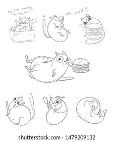 Set of 7 emotions of a funny cat character.