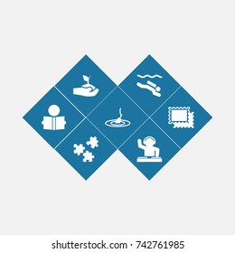 Set Of 7 Entertainment Icons Set. Collection Of Frogman, Rod, Learning And Other Elements.