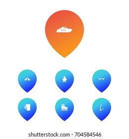 Set Of 7 Entertainment Icons Set.Collection Of Bonfire, Ship, Hiking And Other Elements.