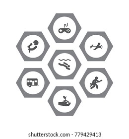 Set Of 7 Entertainment Icons Set.Collection Of Caravan, Frogman, Plant And Other Elements.