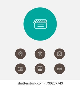 Set Of 7 Entertainment Outline Icons Set.Collection Of 3D Glasses, Dancing Man, Photo Camera And Other Elements.