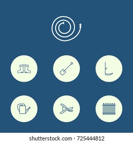 Set Of 7 Farm Outline Icons Set.Collection Of Secateurs, Bailer, Waterproof Shoes And Other Elements.