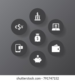 Set Of 7 Finance Icons Set.Collection Of Sack, Online Banking, Currency And Other Elements.