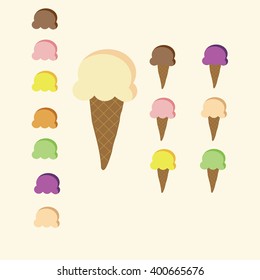 Set of 7 flavour color of Ice-cream cone pastel color with strawberry , chocolate,lemon sherbet,vanilla,orange, grape,mango