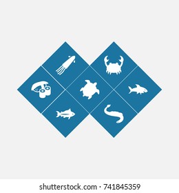 Set Of 7 Food Icons Set.Collection Of Japanese Roll, Lobster, Tortoise And Other Elements.