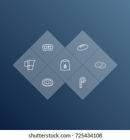 Set Of 7 Food Outline Icons Set.Collection Of Waffle, Measuring Cup, Bread And Other Elements.