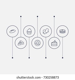 Set Of 7 Food Outline Icons Set.Collection Of Gloves, Cupcake, Bread And Other Elements.