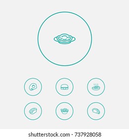 Set Of 7 Food Outline Icons Set.Collection Of Pasta, Omelette, Salad And Other Elements.