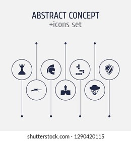 Set of 7 game icons set. Collection of shield, tetris, pirate and other elements.