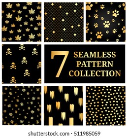 Set of 7 gold seamless pattern collection.