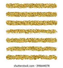 Set of 7 golden abstract  glitter  brush strokes, background or banner. Shine  isolated design element. Vector illustration. Easy editable template.  Bright  festive  backdrop.