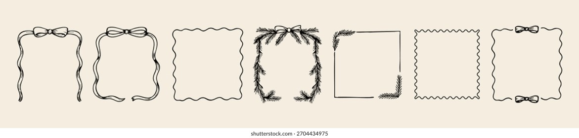 Set of 7 hand drawn Christmas frames in black outline style featuring bows, pine branches, and wavy borders. Perfect for greeting cards, invitations, holiday packaging, and winter decorations