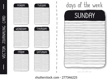 Set of 7 Hand Drawn Journaling Cards with the Days of the Week. Vertical Journal Cards in the square with space for text and inscriptions. Cards for decorating your albums Project Life. Scrapbooking.
