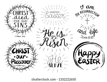 Set of 7 hand lettering quotes about Easter. He is risen. Christ our Passover. Celebrate. Poster. Congratulations. Card. Banner Greeting