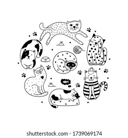 Set of 7 hand-drawn cats isolated on a white background. Scandinavian vector round ornament with pets, paws, dots.