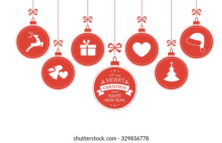 Set of 7 hanging Christmas baubles with symbols such as santa hat, reindeer, angel, heart, present and Christmas tree with a ribbon forming a versatile border isolated on white.