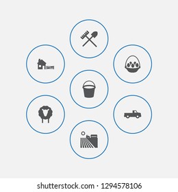 Set of 7 harvest icons set. Collection of egg basket, bucket, shovel and other elements.