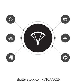 Set Of 7 Hobby Icons Set.Collection Of Hiking, Parachute, Bicycle And Other Elements.