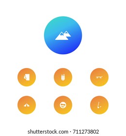 Set Of 7 Hobby Icons Set.Collection Of Sport, Peak, Skateboard And Other Elements.