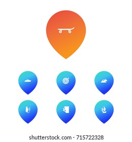 Set Of 7 Hobby Icons Set.Collection Of Skateboard, Surfer, Hiking And Other Elements.
