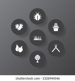 Set of 7 household icons set. Collection of fruit tree, plant pot, weed and other elements.