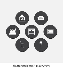 Set of 7 set icons set. Collection of double bed, drawer unit, floor lapm and other elements.