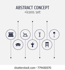 Set Of 7 Set Icons Set.Collection Of Coat Stand, Stool, Rocking Furniture Elements.