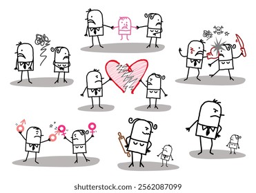 Set of 7 illustrations - Hand drawn cartoon stick characters - fighting couples and divorce, sadness, harassment, violence, domination