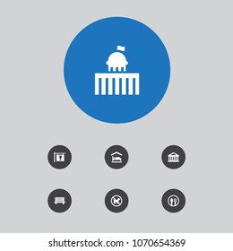 Set of 7 infrastructure icons set. Collection of museum, parliament, bar and other elements.