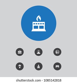 Set of 7 infrastructure icons set. Collection of forbidden, fire station, museum and other elements.