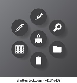 Set Of 7 Instruments Icons Set.Collection Of Drawing, Highlighter, Zoom Glasses And Other Elements.