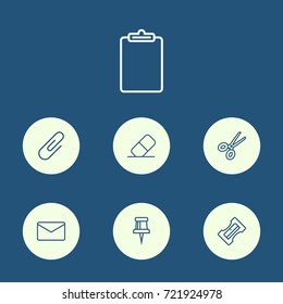 Set Of 7 Instruments Outline Icons Set.Collection Of Mail, Clipboard, Eraser And Other Elements.