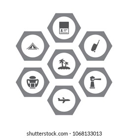 Set of 7 journey icons set. Collection of tent, airplane, lighthouse and other elements.