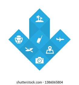 Set of 7 journey icons set. Collection of kayak, luggage, airplane and other elements.
