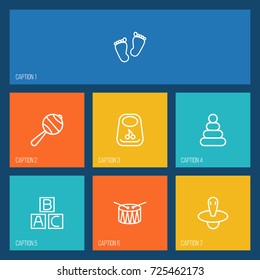 Set Of 7 Kid Outline Icons Set.Collection Of Pyramid, Nipple, Alphabet Cubes And Other Elements.